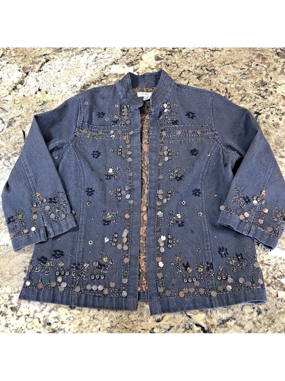 Size S Coldwater Creek Women’s Open Jean Jacket Embroidered Beaded 3/4 Sleeve IN